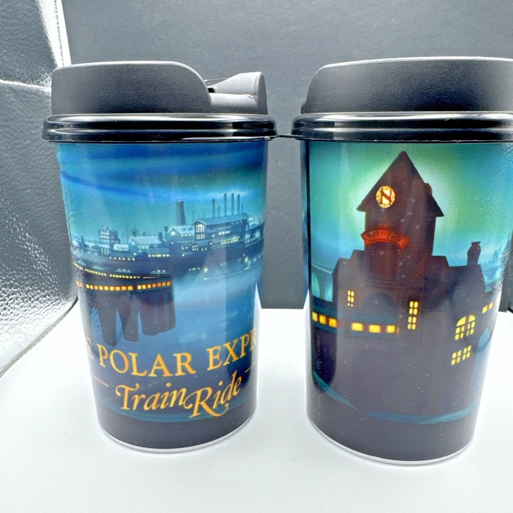 The Polar Express Train Ride Travel Hot Chocolate Mug with Lids.  New‎ Set of 2